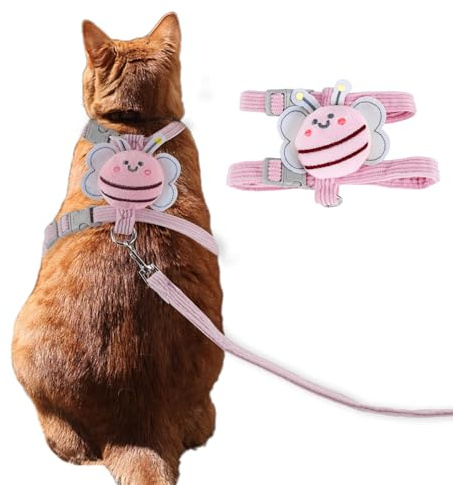CAPASTEC Katzengeschirr und Leine 1 Set, Easy Control Welpenweste, Ausbruchsicher Katzenweste, Verstellbares Kätzchengeschirr, Kariertes Cordgeschirr mit Bienenmuster, Größe M, Rosa