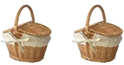 Handgefertigter Weidenkorb aus geflochtenem Weidenkorb für Lebensmittel, Obst, mit Griff, Doppeldeckel, für den Außenbereich, graues Rattan-Tablett