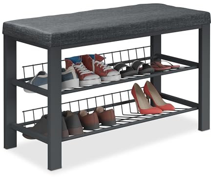 Relaxdays Schuhbank, Polsterbank mit Schuhablage, 2 Ebenen für Schuhe, HxBxT: 50,5 x 82 x 33 cm, Stoff & Metall, schwarz