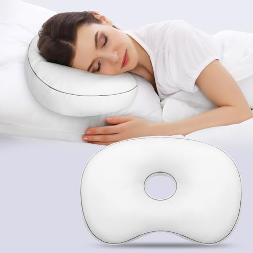 Nockovi Almohada perforadora para personas que duermen de lado con agujero para las orejas, 12 x 18 pulgadas, mini almohada ortopédica de terciopelo blanco para aliviar el dolor de oído