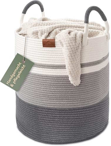 WIESEN.design Korb EMILIA Ø41xH46 cm Grau/Weiß/61L, Wäschekorb geflochten aus Baumwolle, Wäschesammler, Aufbewahrungskorb groß, Korb geflochten, faltbarer Wäschekorb, Wäschetonne, laundry basket