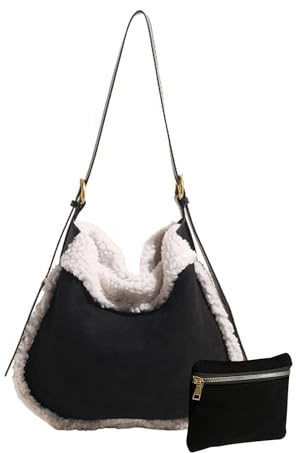 CORIOS Dam mocka tygväska axelväska med lammull vintage crossbody väska mjuk plysch topphandtag väska stor kapacitet handväska lätt messengerväska skolväska med myntväska 2 st set, Svart, L
