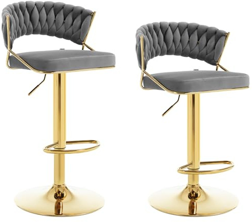 WOLTU Barhocker 2er Set höhenverstellbar, Barstühle 360° drehbar, Küchenhocker mit geflochtener Rückenlehne Fußstütze, Samthocker Metall, Dunkelgrau, BH427dgr-2
