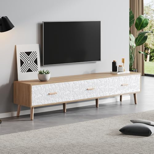 Merax TV-Schrank, Fernsehtisch mit 3 Großer Schubladen, TV-Regal für Fernseher bis zu 70 Zoll, Moderner TV Board Lowboard, einfacher Stil, für Wohnzimmer, Esszimmer, Schlafzimmer, Weiß&Eiche, 150cm