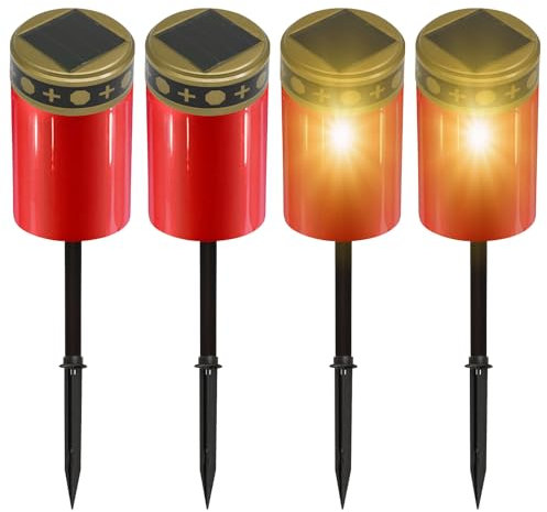 BORDEAG Solar LED Grablicht, 4 Stück Grablicht Solar, Outdoor Friedhofskerze mit Lichtsensor, Grabkerze Solar 12x7 cm, Solar-LED-Grablichter mit Erdspieß für Draußen Grabdeko (Rot)