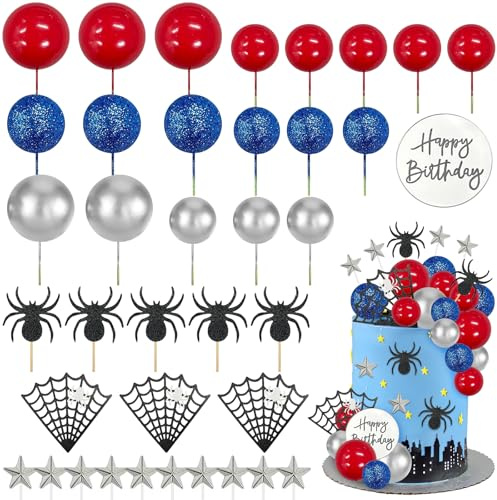 Spider Cake Topper Kuchen Deko Glitter Spider Tortendeko Spinne Web Tortenaufleger Happy Birthday Toppers Sterne Rot Silber Blau Kugeln Cupcake Topper für Kinder Geburtstags