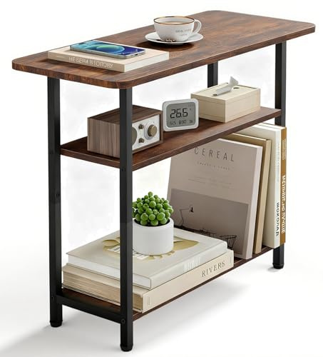 MISSLO Sofa Side Table for Living Room, Narrow Side Table, 3-Tier End Table for Small Spaces with Wide Storage Tabletop, Slim Nightstand for Bedside, Bedroom, Couch, Rustic Brown