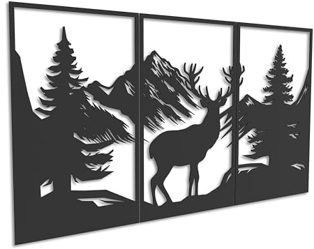 Kajaro Cervo e Montagne Quadro da Parete Legno 3 pezzi, 1780x980 mm | Gratis: secondo quadro più piccolo incluso. Decorazione murale in legno, montaggio senza forare.