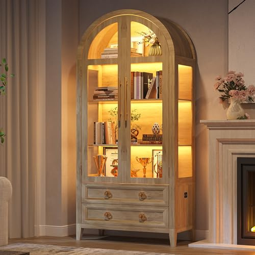 LVSOMT LED Vitrine en Verre Arquée, 180cm Vitrine pour Collection, Vitrines et Rangements Bombé en Bois avec Portes en Verre, Armoire Salon avec 4 étagères et 2 Tiroirs, 3 Couleurs de lumière, Bois