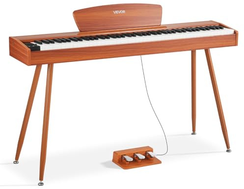 VEVOR Piano Digital de 88 Teclas, con Teclado Dual y Altavoces, con Atril, Pedal Sustain, 280 Tonos, Conexión Inalámbrica, Control Preciso, para Principiantes, Color Madera, 1330 x 300 x 900 mm