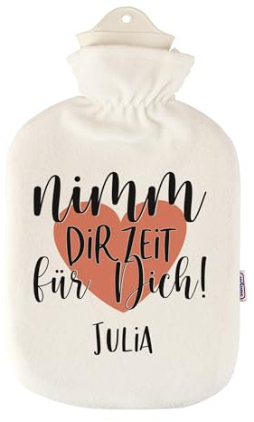 Herz & Heim® personalisierte Wärmflasche mit waschbaren Bezug - verschiedene Designs - perfekte Geschenkidee (Nimm dir Zeit für dich!)