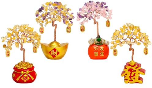 SANSWUNIU 4 Pieza Árbol de Dinero Cristal Amarillo，Árbol de la Suerte de Oro，Árbol del Dinero Feng Shui Bonsai，para Riqueza, Adecuado Decorar Oficinas，Arte Decoración