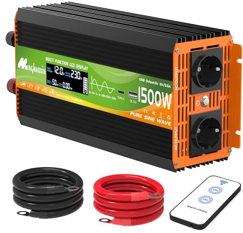 Minghaoxin Spannungswandler 1500W Wechselrichter 12V auf 230V Reiner Sinus mit LCD-Display, USB-C-Anschluss und Kupferdraht 2 AC-Steckdosen Fernsteuern für Camping-Notfallfahrzeuge Truck RV