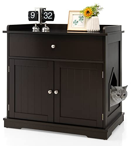 COSTWAY Meuble Litiere Chat XXL, Cache Litiere Chat 3 en 1, 2 Portes avec Tiroir, Trous d'Aération Latéral, Plateau Spacieux, Maison de Toilette Chaton, 76 x 53 x 74 cm (Style1 | Café)