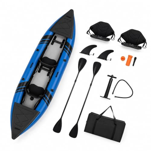 HOMASIS Kayak Gonfiabile 2 Posti in PVC, Canoa Gonfiabile con 2 Pagaie Regolabili, Borsa per il Trasporto, Pompa a Mano e Kit di Riparazione, Gommone Mare per Adulti, 382 x 94 x 40 cm (Blu)