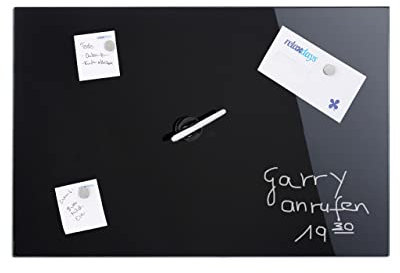 Relaxdays Magnettafel, beschreibbar, inkl. 3 Magnete & Stift, abwischbar, Rahmenlos, Magnetboard Glas, 80x50 cm, schwarz