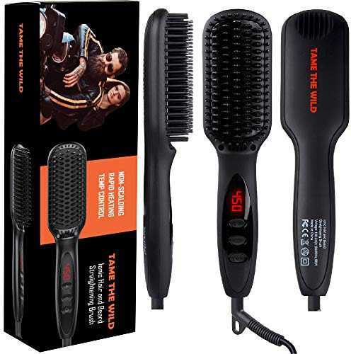 Tame The Wild Pro Beard Straightener for Men - Premium Heated Beard Brush - Anti-Scald Ionic Generator - 12 Temp Settings - LED Display - for Beards Over 2 Long