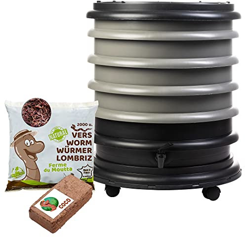 WORMbox | Lombricomposteur 4 Plateaux Gris + 1kg de vers de Compost + 1 Bloc Coco | 64 litres | Compostez Vos déchets organiques, Les vers de Terre/lombrics produisent du lombricompost