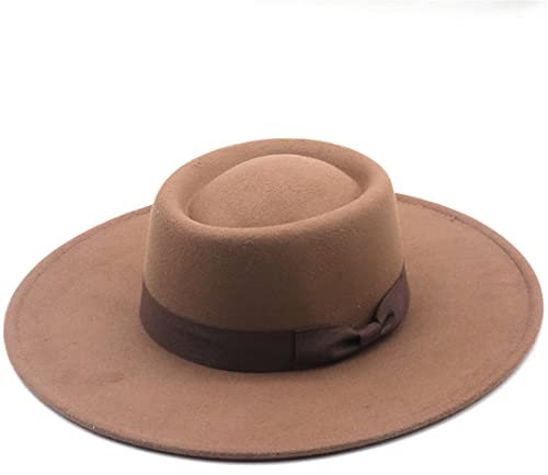 Suwequest Damen-Hut mit breiter Krempe, flache Kappe, aus Wolle, Fedora-Filz, mit Schleife, Vintage-Kirche, Hochzeitskappe, Schwarz