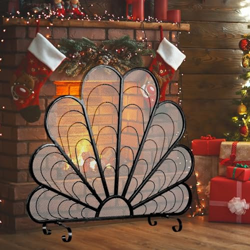 NUNETH Kaminschutzgitter Neue Einteilige Brandschutzgitter für Holzkamin, 38 B X 32 H Pfauenförmige Kaminabtrennung, Hitzebeständiges, Eigenständiges Brandschutztor (Color : Black)