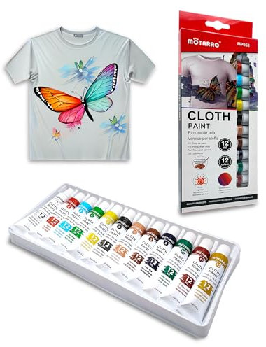 BullTek Juego de 12 pinturas permanentes para tela, pintura al temple, pintura acrílica al agua para tela, cuero, ideal para camisetas, bolsos, jeans, zapatos, ropa, cuero, para principiantes y profes