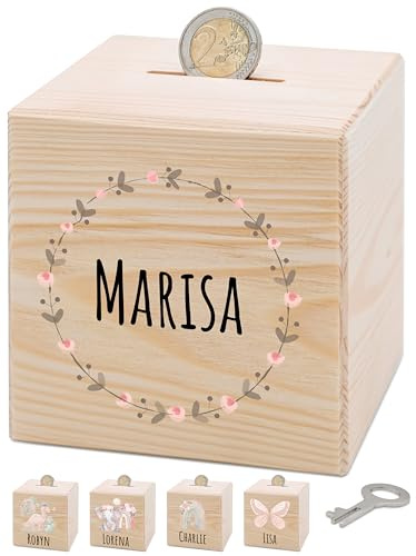 Bärenfreunde® - Personalisierte Spardose Kinder aus Holz mit Metallschloss - Spardose mit Namen mit kinderfreundlichem UV-Druck zum Sparen für Kinderträume (Blumenkreis rosa)