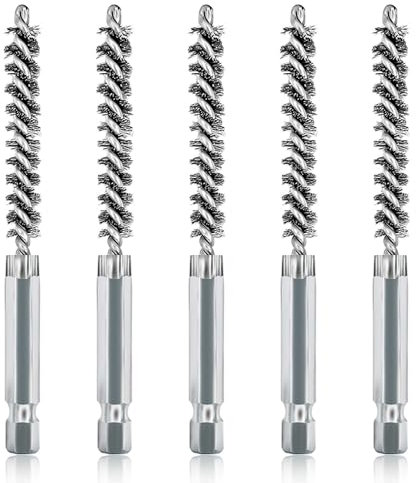 ASNOMY Juego de 5 cepillos de acero inoxidable de 5/16 pulgadas, cepillo de alambre de cerdas para limpieza de taladro eléctrico, cepillo de alambre abrasivo de acero inoxidable con vástago hexagonal