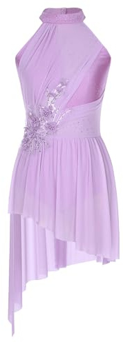 TiaoBug Balettklänning för kvinnor, halterneck, latinklänning, dansklänning, standard, 3D-blommor, balettröja med asymmetrisk chiffongkjol, trosa, gymnastikdräkt, Ljuslila, S