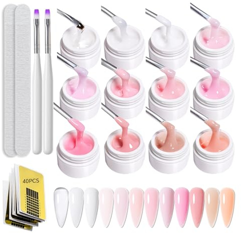 GZSYY Builder Gel Nagelgel 12 färger - UV-bygggel - komplett kit med 2 borstar, 40 förlängningsstenciler och 2 nagelfiler