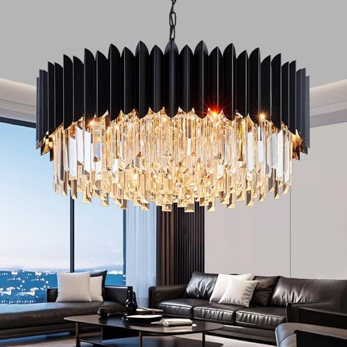 PAFRUMGE Modern Black Crystal Chandelier 24 Round Chandeliers 8-Lights Ceiling Pendant Light Fixtures 5 Tiers for Dining Room Living Room Bedroom Foyer Entryway