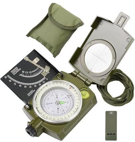 Outdoor Metal Navigation Compass with Fluorescent Scale,Clinometer, Level, Metric Scale,and Whistle, Multifunctional Orienteering Waterproof Compass for Hiking,Adventure,Mountaineering