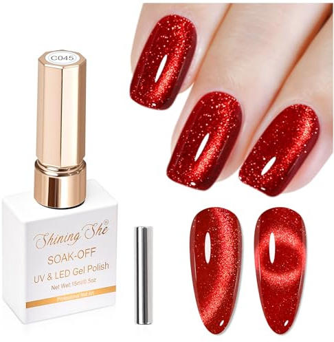 Shining She Gel Nail Polish Cat Eye, 15ML Red Glitter Crystal Magnetic Gel Nail Polish with Magnet Soak-Off UV/LED Ruby Polish for Nail Art Salon DIY Home, 1PC