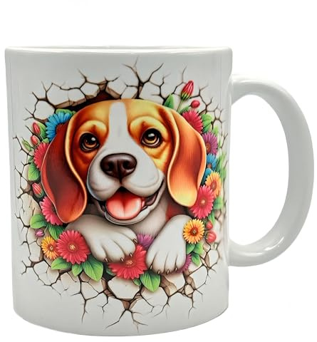 Shopi Zone Taza de cerámica con diseño 3D de perro Beagle entre flores – Regalo original para amantes de los animales