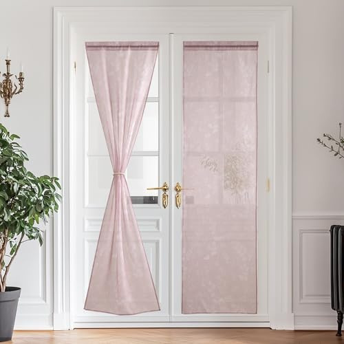 PONY DANCE Französischer Tür Vorhang Leinenoptik Gardinen Transparent | Hellrosa, 2er Set H240 x B60 cm, Scheibengardinen, mit Weißem Blattmuster, Dekoration, mit Stangendurchzug, für Balkontür