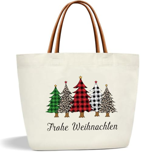 Weihnachts Einkaufstasche, Weihnachtsbäume Canvas Tragetasche Handtasche, Frohe Weihnachten Baumwolltasche Einkaufstüte, Stofftasche Geschenk für Frauen, Ehefrau, Freundin, Kollegin zum Weihnachten