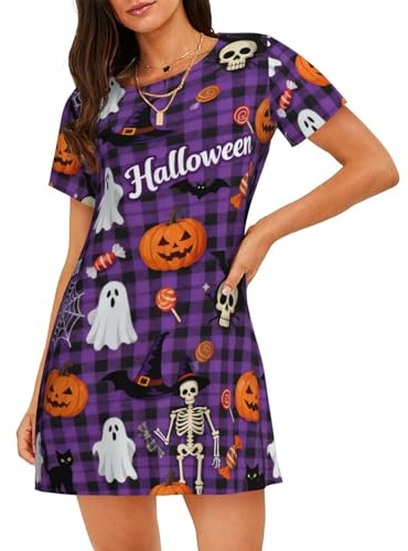 Zelinge Halloween dödskallar pumpor rutig nattklänning för kvinnor nattskjorta kortärmad sovtröja bekväm myskläder stor