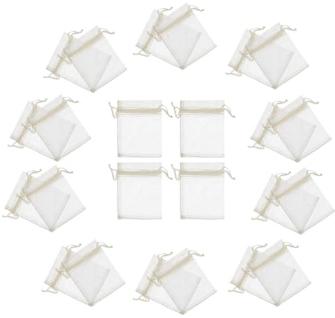 BIUDECO 100 Stück Kordelzug Organzasäckchen für Schmuck und Kleine Transparente Beutel für Hochzeiten Partys und Beige