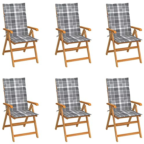 YuuSsea Trädgårdsstolar, 6 st, grå rutmönster, teak, massivt trä, justerbar, vikbar med stoppning för balkong, terrass, utomhus, camping, pool, bekväm, platsbesparande