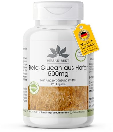 Beta glucano 500mg - 120 capsule - 70% di polisaccaridi - Senza additivi | HERBADIREKT by Warnke Vitalstoffe - Qualità da farmacia tedesca