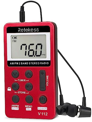 Retekess V112 AM FM Portable Pocket Radio, FM Receiver, Digital Tuning Stereo, with Headphones, Rechargeable Battery, for Walking, Jogging, Training, Church (Red)