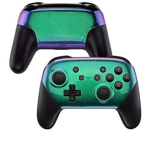 eXtremeRate Custom Case Cover kompatibel mit Nintendo Switch Pro Controller, DIY-Ersatz Grips Front Gehäuse & Back Shell Schutzhülle für NS Switch Pro Controller(Grün Lila)-Kein Controller