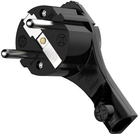 Spina angolare con contatto di protezione, extra piatta con staffa in plastica, altezza 8 mm, manico pieghevole, impugnatura pieghevole, spina Schuko ad angolo rallentato, 1 pezzo nero