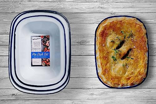 Vintage Gourmet ® Premium White Enamelware with Blue Rim, Oblong, Round Pie Dish Sets Iconic Retro Bakeware (Set of 3 Oblong Pie Dish 20,22,24cm)