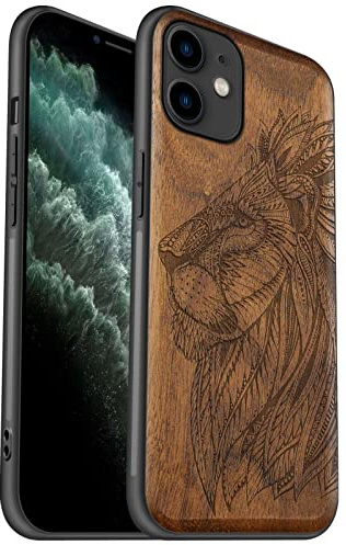 Carveit Coque pour iPhone 11 [Élégant Noyer] [Pare-Chocs en TPU Souple] Coque de téléphone Antichoc Compatible avec 11 Coques en Bois (Dessiné à la Main du Lion)