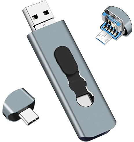 Clé USB 3.0 256Go 3-en-1 Mémoire Stick pour Téléphones Android, BorlterClamp OTG USB 3.0 Flash Drive avec 3 Ports (USB C/microUSB/USB-A) pour PC, Téléphones comme Samsung Galaxy et Plus (Gris)