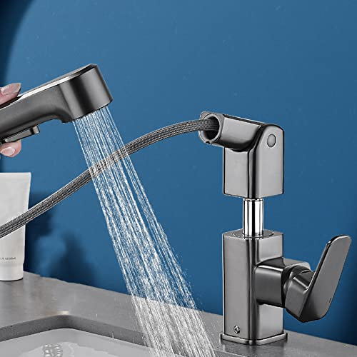 Miscelatore Lavabo Bagno con Doccetta Estraibile Grigio Multifunzione A Scomparsa In Ottone Miscelatore Lavabo
