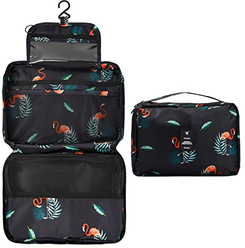 Trousse de Toilette Voyage Portable, 25x17x8,5cm, Trousse Maquillage Suspendue avec 4 Compartiments, Sac de Toilette Pliable Étanche Femme Homme, Sac de Cosmétique Grande Capacité pour Make Up (D)