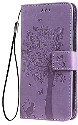 SEAHAI Funda para Motorola Moto E13 Billetera Estuche, Diseño de Patrón Bastante Hojas y Gato en Relieve Funda de Cuero, Elegante Ultrafino Carcasa Case, Lavanda