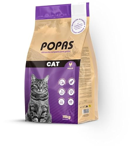 Pienso para Gatos Adultos con Pollo Popas Cat | Alimentación Completa y equilibrada | Alta digestibilidad | Vitaminas Esenciales | 15 Kg