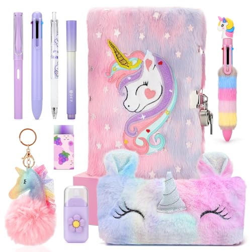 Cooyou Carnet Secret pour Filles avec Cadenas, Journal Intime Licorne Fille en Peluche avec une Cahier A5 et une Licorne Trousse, Cadeau pour Fille 5 6 7 8 9 10 11 Ans